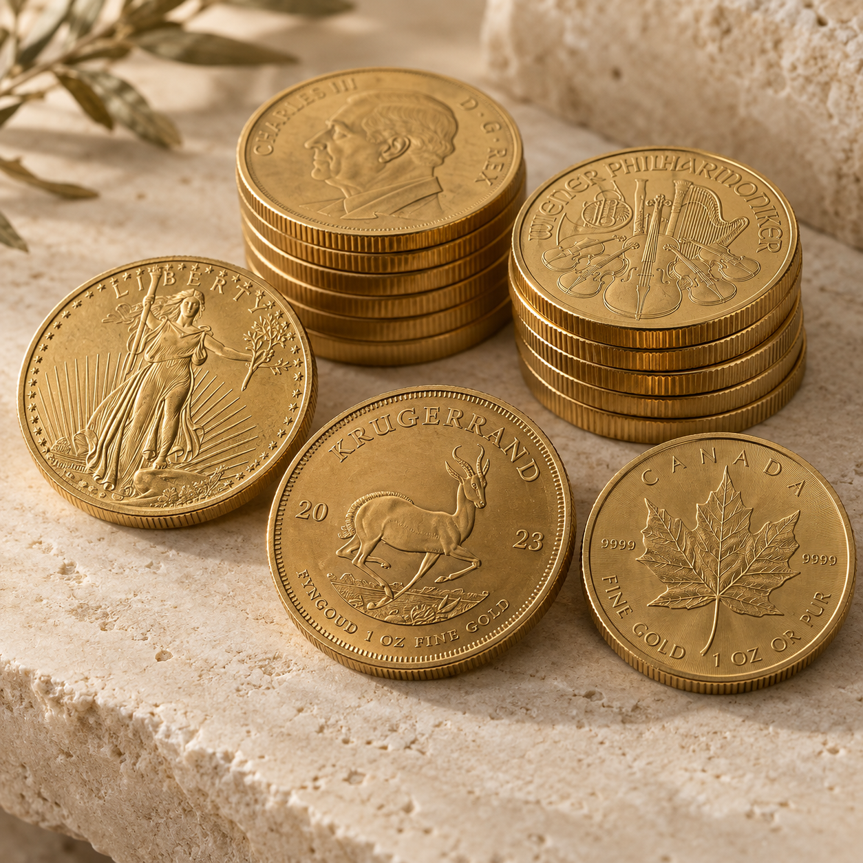 Goldmünzen mit feinen Prägungen auf hellem Naturstein