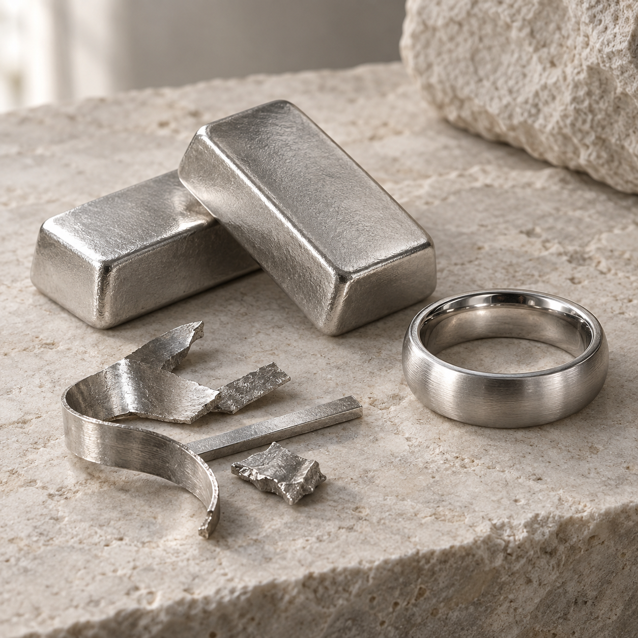 Platinfarbene Barren, ein schlichter Ring und Schmuckreste auf hellem Stein